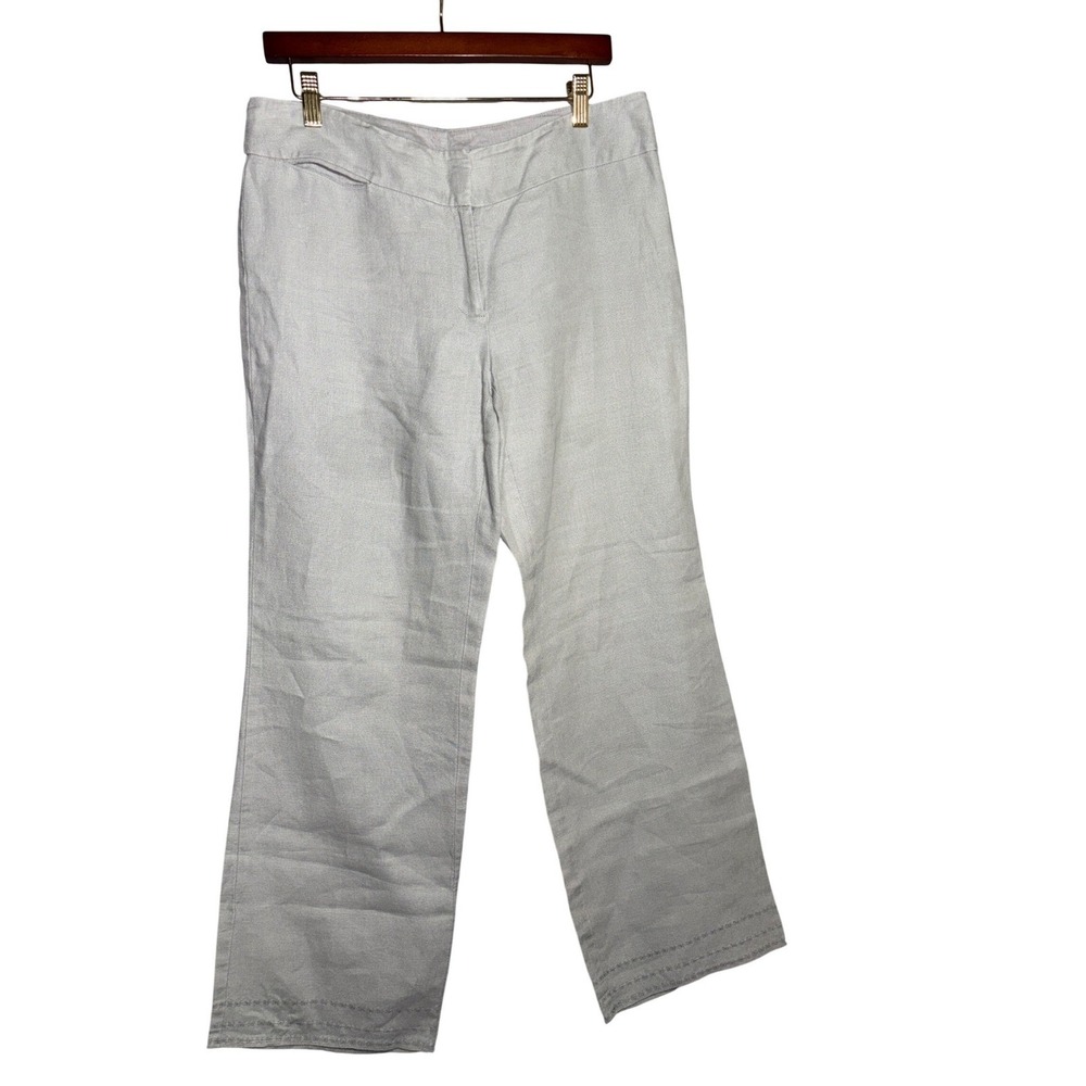 Eileen Fisher Petite 10P Light Grey Linen Wide Leg Trousers Embroidered Hem